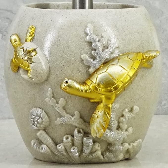 YHHRESINKING 6-inch Sea Turtle Toilet Brush Holder - Loyal Gold Resin Mother & Baby Design, Ocean Theme Bathroom Organizer