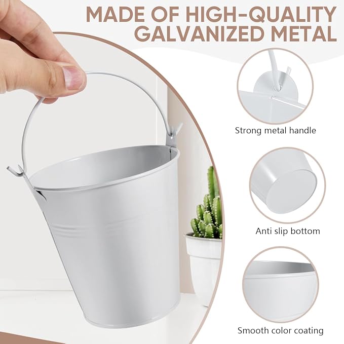 OBTANIM 7 Pack White Metal Buckets with Handle Galvanized Ice Pails for Plants, Succulents, Party Favors Organizing, Rustic Home Decor or Classrooms Pencil Storage (4 x 2.8 inch)