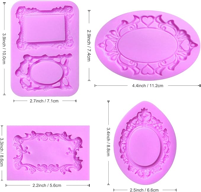Vintage Frame Silicone Molds Baroque Photo Frame Chocolate Fondant Molds Decorative Oval and Rectangle Shapes, 4-Piece Set, Purple, for Cake Decorating Cupcake Topper Gum Paste Candy Polymer Clay