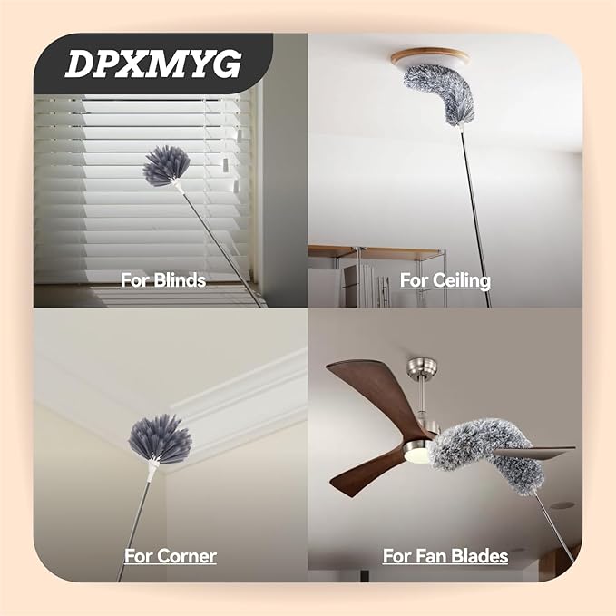 Ceiling Fan Cleaner Duster with Extension Pole, Washable Cleaning Duster Kit with 2 Duster Heads, Cobweb Duster, Corner Brush, 21-100 Inch Long Telescoping Pole