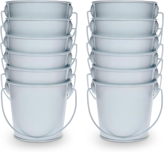 3.1" Galvanized Mini Tin Buckets – 12Pcs White Metal Buckets with Handle, Ideal for Party Favors, Bridal Shower and Craft Projects (White, 3.1")