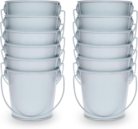 3.1" Galvanized Mini Tin Buckets – 12Pcs White Metal Buckets with Handle, Ideal for Party Favors, Bridal Shower and Craft Projects (White, 3.1")