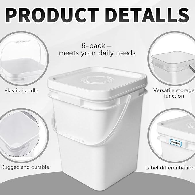 6 Pcs 5 Gallon Square Bucket with Lid Food Storage Container with Plastic Handle,Industrial Bucket with DIY Label Stickers and Towel for Paint Storage Tanks Handicrafts