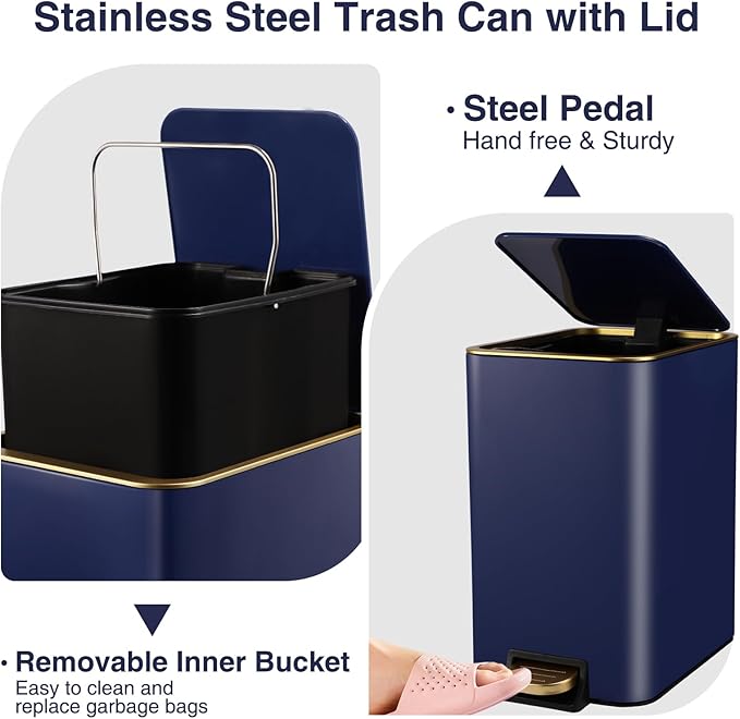 Small Bathroom Trash Can with Lid Soft Close, 1.8 Gallon Stainless Steel Garbage Can with Removable Inner Bucket,80Count Trash Bags, Slim Step Pedal Trash Bins