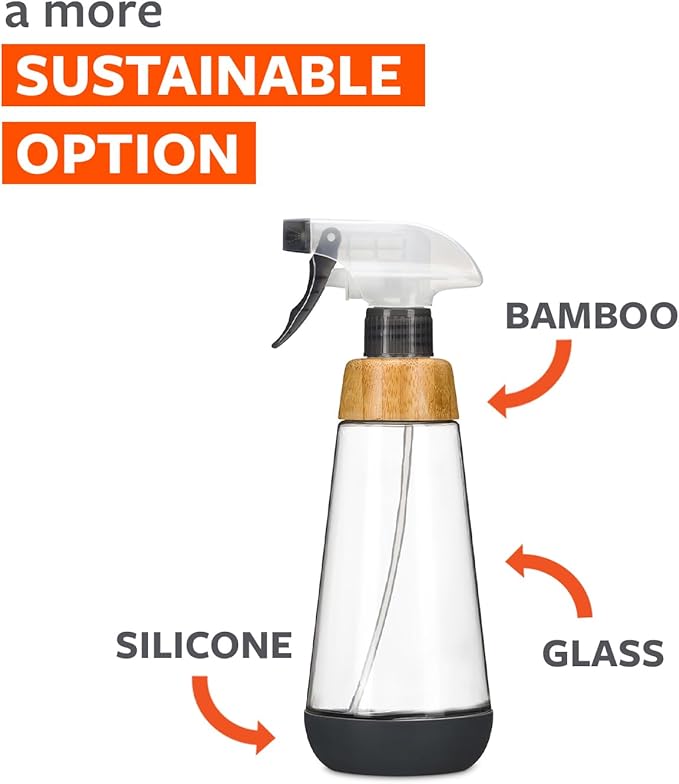 Full Circle Bottle Service-Refillable Glass Spray Bottle for Cleaning -Versatile Stream & Mist Options, Bamboo, Silicone Boot- Ideal for Non-Toxic Solutions & Plant Care, 16oz, Gray