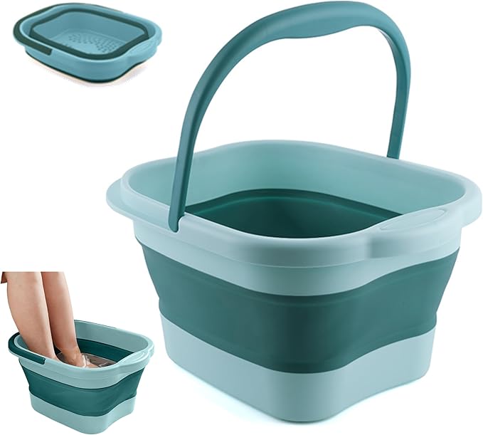 Collapsible Foot Bath Soak Tub with Handle, Plastic Foldable Feet Spa Soaking Basin Bucket with Massager Acupoint for Washing, Pedicure Foot Care Bathtub Bowl Tools for Pain Relief, Green