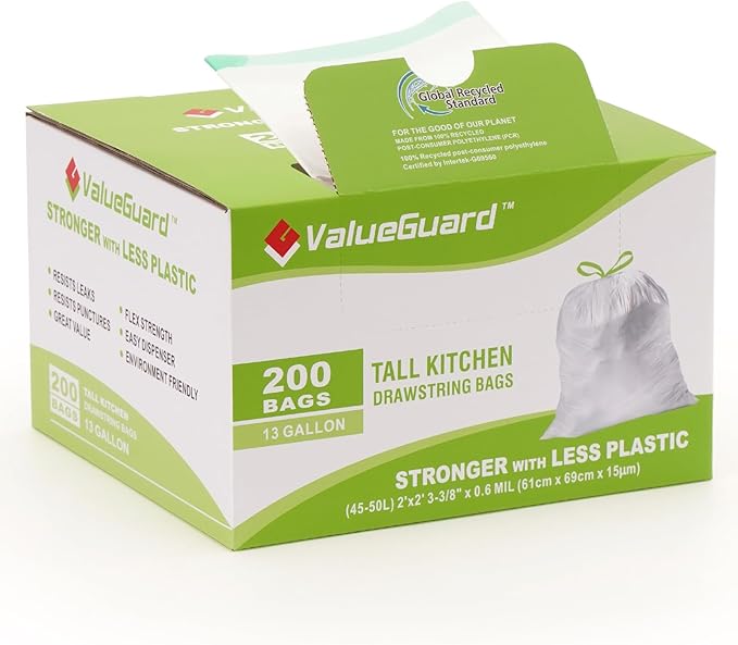 Large Trash Bag 13 Gallon Tall Drawstring 100% Post-Consumer Recycled Garbage Bag Waste Bag for Kitchen Office 0.6 Mil (200 Count)