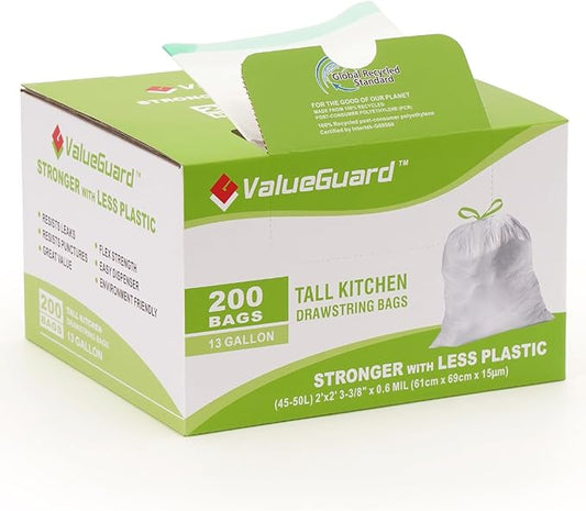 Large Trash Bag 13 Gallon Tall Drawstring 100% Post-Consumer Recycled Garbage Bag Waste Bag for Kitchen Office 0.6 Mil (200 Count)