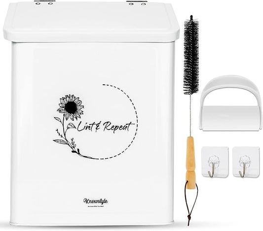 Knowstyle Metal Magnetic Lint Bin for Laundry Room Decor - Laundry Room Trash Can with Dryer Lint Brush for Dryer Vent – Metal Laundry Lint Bin with Clothes Lint Roller