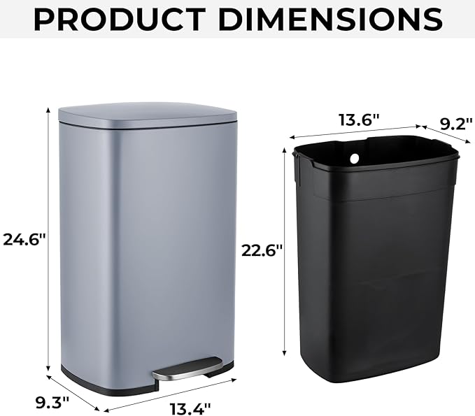 8 Gal Kitchen Trash Can, 30L Recycling or Garbage Bin, Brushed Stainless Steel Waste Basket, Soft&Quiet Close Dustbin, with Step-On Pedal, Removable Inner Bucket, for Home, Office, Living Room