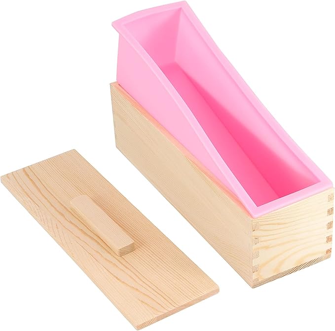 ZOENHOU 4 PCS 42 oz Pink Soap Molds with 4 Wooden Lids, Flexible Rectangular Silicone Soap Making Molds Kit with Wood Box DIY Tool Set for Soap Making Supplies