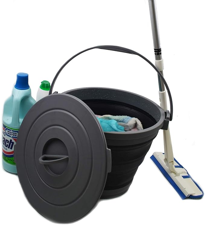 SAMMART 10L(2.64Gallon) Collapsible Fishing Bucket with Locking Lid - Foldable Round Tub - Portable Plastic Water Pail - Space Saving Outdoor Waterpot (Grey/Black)