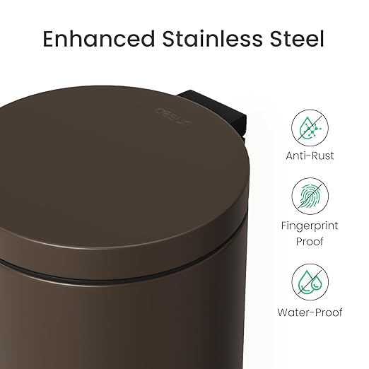 Cesun 1.2 Gallons Small Brown Trash Can, Bathroom Garbage Can with Lid and Foot Pedal, Mini Round Wastebasket for Bathroom, Bedroom, Office, 4.5 Liters / 1.2 Gallons, Brown