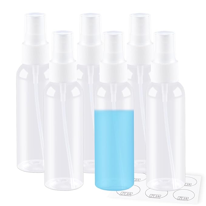 ZEJIA Small Refillable Mini Spray Bottle for Face, Liquids, Perfume - 2OZ Plastic Travel Spray Bottle with Labels (6 Pack)