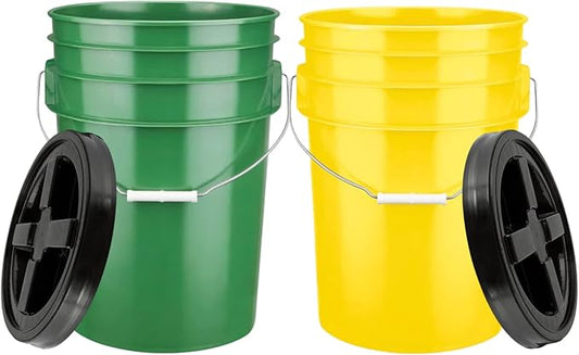House Naturals 6 Gallon Green and Yellow Plastic Buckets with Black Airtight lids Food Grade Made in USA (2 Pack)