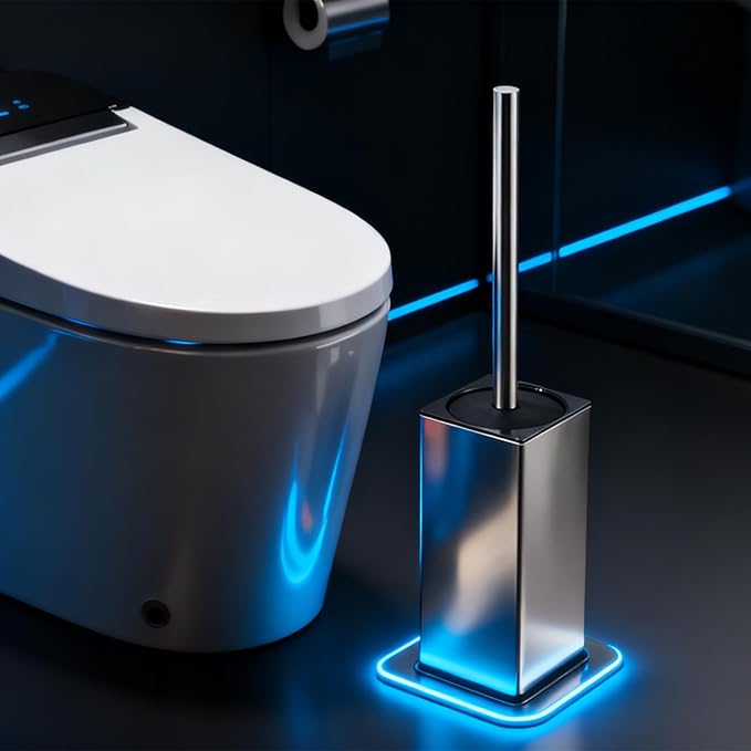 Toilet Brush and Holder Set, NEWRAIN Stainless Steel Toilet Brush with Long Brush Handle, Brushed Nickel Toilet Scrubber and Covered Holder, Square Design Sturdy and Space Saving, Covered Brush