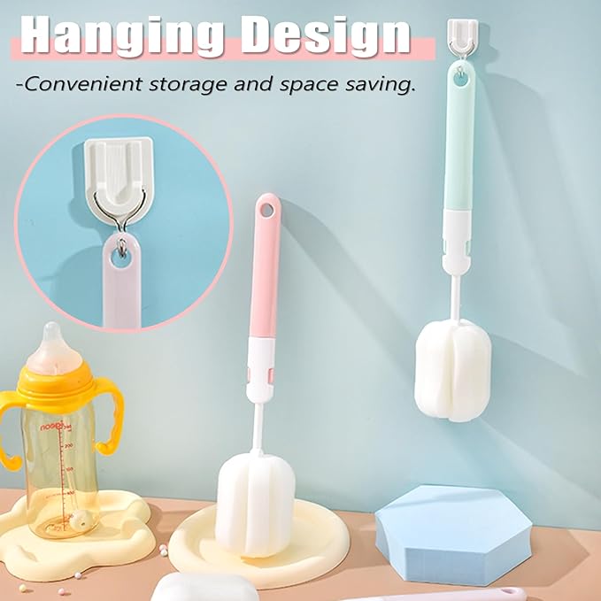INVODA Sponge Nipple Bottle 5 PCS + Replaceable Brush Heads 5 PCS Baby Bottle Brushes Long Handle Cup Scrubber Brush Portable Sponge Cleaning Brush (5 PCS+ 5 Brush Heads)