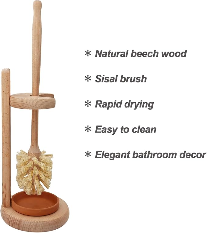 Wood Toilet Brush and Holder Set, Beechwood Toilet Bowl Cleaner Brush for Bathroom, Sisal Bristles Toilet Scrubber with Stand