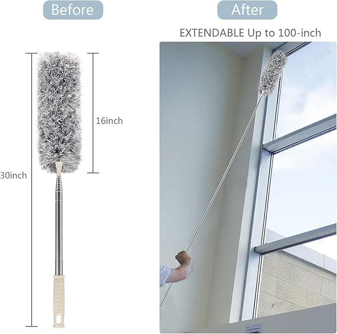 Microfiber Duster with Extension Pole(Stainless Steel) 30 to 100'', with Bendable Head, Extendable Long Duster for Cleaning Ceiling Fan, High Ceiling, Keyboard, Furniture Cars