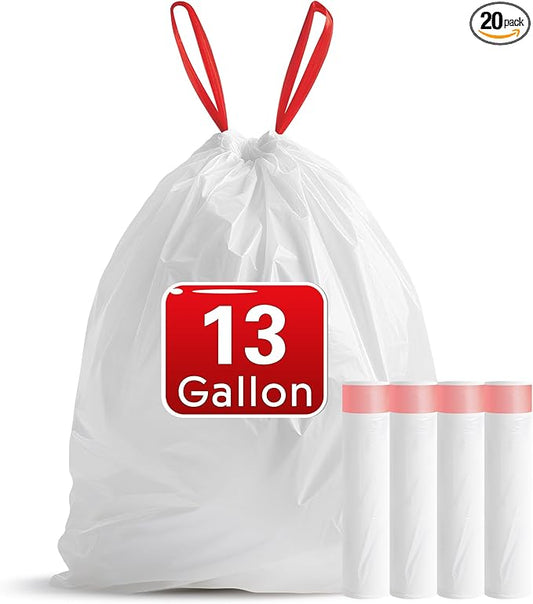 FIXSMITH 13 Gallon Trash Bags Drawstring, 20 Count Garbage Bags 13 Gallon Tall Kitchen,Heavy Duty Trash Bags for Bathroom, Outdoor, Waste Basket and Car, Unscented White Bathroom Garbage bag