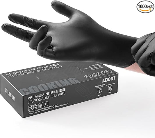 LANON Protection Food Safe Disposable Nitrile Gloves, Latex-Free, Powder-Free, Silicone-Free, Textured Fingertips, Cooking, Black，Medium