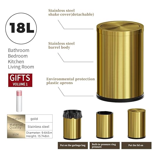 4.7 Gallon/18L Stainless Steel Bathroom Trash Can,Gold Garbage Bin with Swing Lid, Round, Elegant Waste Basket, for Toilet Bathroom Cafe Kitchen Office Hotel Home (18L-Gold)