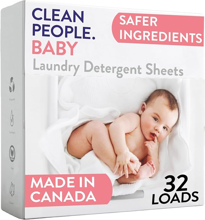 The Clean People Unscented Baby Laundry Detergent Sheets - Hypoallergenic - Ultra Concentrated, Recyclable Packaging, Fights Stains & Odors on Baby Clothes & Bedding - Fragrance Free, 32 Pack