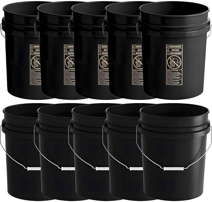 10 Pack - 5 Gallon Heavy-Duty Plastic Buckets with Metal Handle, 90 Mil, Food Safe & Multipurpose