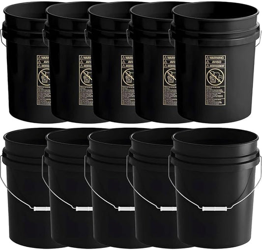 10 Pack - 5 Gallon Heavy-Duty Plastic Buckets with Metal Handle, 90 Mil, Food Safe & Multipurpose