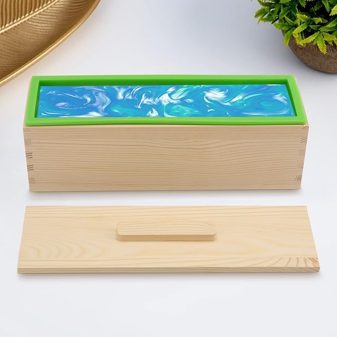 KEILEOHO 4 PCS 42oz Soap Molds Loaf with lid, Large Wooden Soaps Molds, Flexible Rectangular Silicone Soap Mold for Soaps, Cake, DIY, Green
