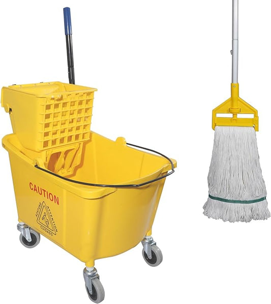 Commercial Mop Bucket with Side Press Wringer on Wheels, Including One Commercial Mop, 35 Quart, Yellow