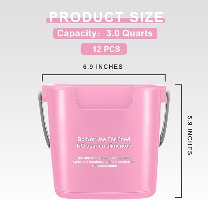 Lallisa 12 Pcs 3 Quart Cleaning Bucket Small Sanitizing Square Bucket Detergent Pail for Home Office Commercial Restaurant Kitchen Bathroom School (Pink)