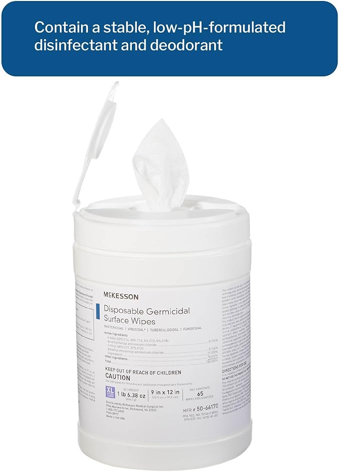McKesson Germicidal Disinfecting Wipes [1 Pack of 65 Wipes]– XL Alcohol Wipes for Medical & Household Use, Hospital-Grade Surface Cleaner, Multi-Surface Cleaner & Sanitizer