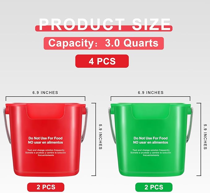 Yaomiao 4 Pcs Cleaning Bucket 3 Quart Small Sanitizing Square Bucket Detergent Pail with Measurements Spout and Handle for Home Commercial Use Restaurant Kitchen Office School (Red, Green)
