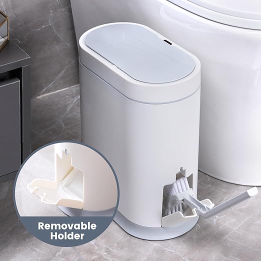 ELPHECO Bathroom Trash Can with Toilet Brush 2.5 Gallon Waterproof Trash Bin Smart Garbage can with lid Motion Sensor Waste Bin Automatic Bathroom Decor (White)