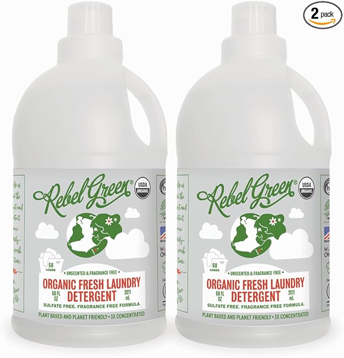 Rebel Green Organic Laundry Detergent - Natural Laundry Soap - Liquid Laundry Detergent with Dispenser Cup - Gentle Laundry Detergent - Fresh Unscented Soap - (68 Load Bottles, 2 Pack)
