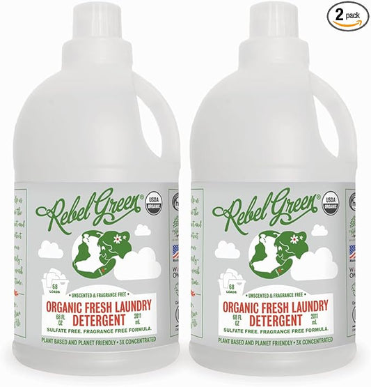 Rebel Green Organic Laundry Detergent - Natural Laundry Soap - Liquid Laundry Detergent with Dispenser Cup - Gentle Laundry Detergent - Fresh Unscented Soap - (68 Load Bottles, 2 Pack)