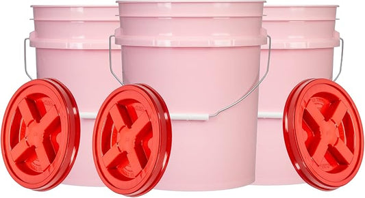 House Naturals 5 Gallon Pink Food Grade BPA Free Made in USA Bucket Pail with Screw On Airtight Scarlet Red lid (Pack of 3)