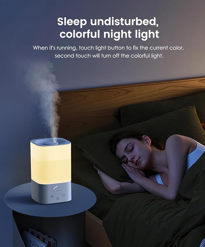 Humidifiers for Bedroom Home, 3.5L Top Fill Air Cool Mist Humidifiers for Baby Large Room Indoor Plants Nursery, Night Light, White