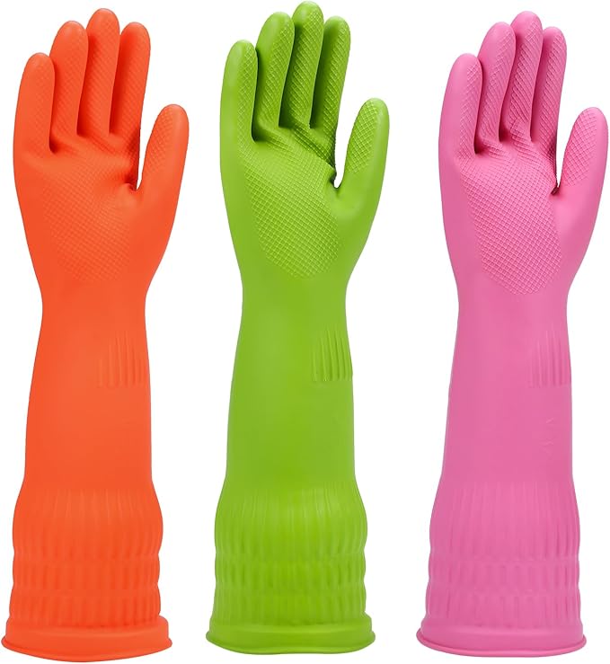 Rubber dishwashing gloves 3 or 6 Pairs for kitchen,Cleaning washing dish gloves long for household reuseable durable.