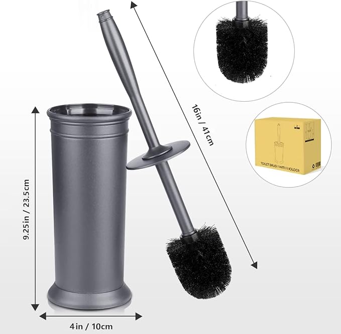 Toilet Brush and Holder 2 Pack, Toilet Bowl Brush with Extra Long Handle, Toilet Scrubber and Covered Holder, Toilet Brushes for Bathroom-Space Saving, Covered Brush, Durable, Deep Cleaning(Grey)