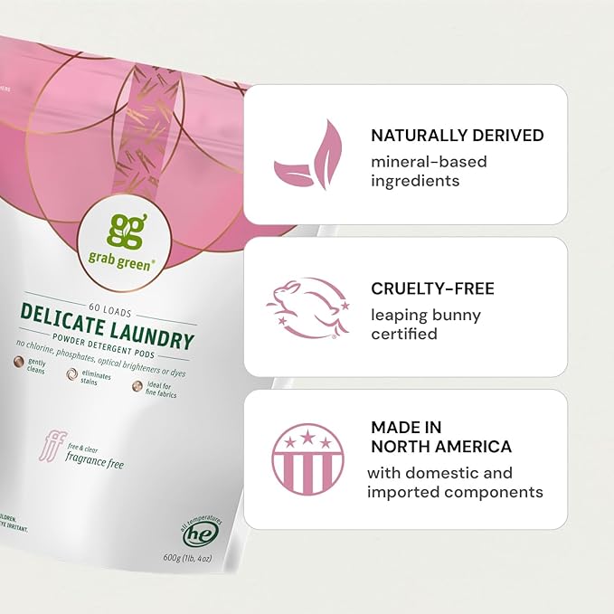 Grab Green Delicate Laundry Detergent Pods, 24 Count, Fragrance Free, Plant and Mineral Based, Superior Cleaning Power, Stain Remover, Brightens Clothes