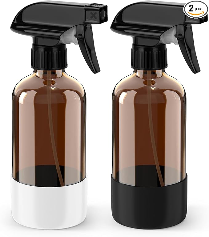 Glass Spray Bottle with Silicone Sleeve Protection, Amber Glass Spray Bottle Set for Window Cleaner Aromatherapy Facial Hydration Watering Flowers Hair Care 2 Pack/8 oz (Black & White)
