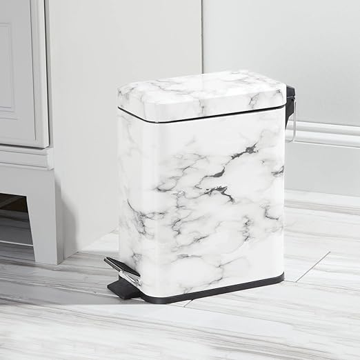 mDesign Small Modern 1.3 Gallon Rectangle Metal Lidded Step Trash Can, Compact Garbage Bin with Removable Liner Bucket and Handle for Bathroom, Kitchen, Craft Room, Office, Garage - White Marble