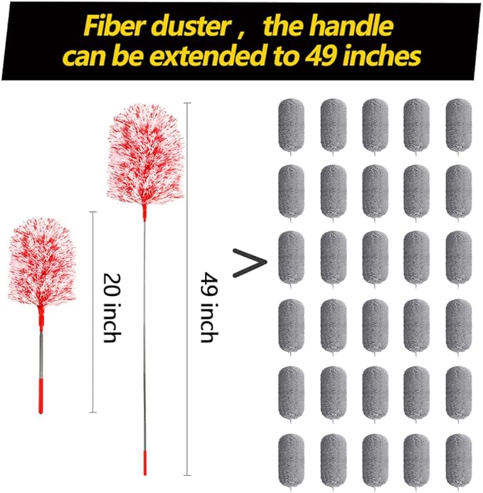 Extendable 20-49inches Microfiber Feather Duster with 3pcs Replaceable Bendable Heads, Extra Long Duster for Cleaning, Electrostatic Dust Remove for Ceiling, Fan, Window, Bookshelves (Red)