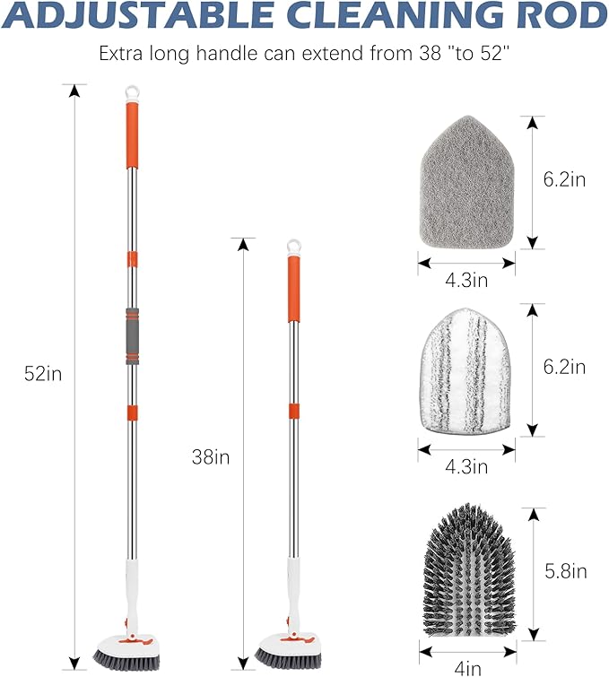 SetSail Floor Scrub Brush, 3-In-1 Tile Tub Floor Scrubber with 52-inch Adjustable Long Handle Shower Cleaner Brush and 4 Detachable Replacement Brush Heads for Cleaning Bathroom Kitchen Walls Tub Tile