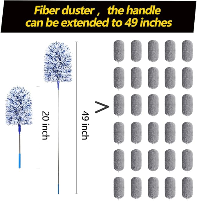 Extendable 20-49inches Microfiber Feather Duster with 3pcs Replaceable Bendable Heads, Extra Long Duster for Cleaning, Electrostatic Dust Remove for Ceiling, Fan, Window, Bookshelves (Navy Blue)