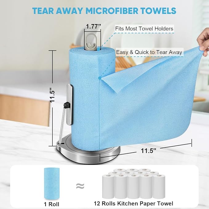 AIDEA Microfiber Cleaning Cloth Roll, 50PK, Blue Shop Towels Reusable Tear Away Paper Towels, Washable Shop Rags, Microfiber Towels for Cars, Lint Free Rags for House, Mechanic, Workshops, 11.5"×11.5"