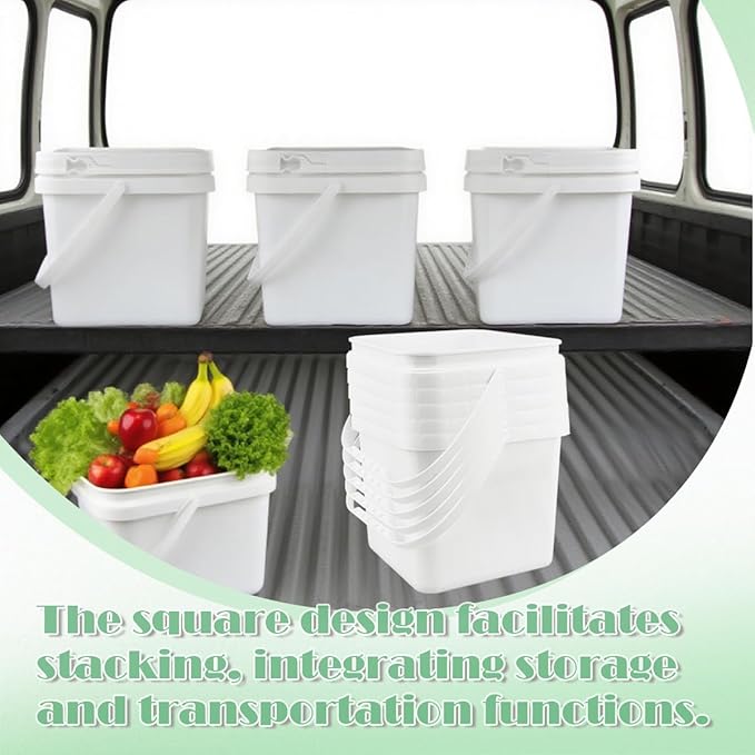 6 Pcs 2.2 Gallon Square Buckets with Lid Duty Plastic Stackable Multipurpose Bucket Suitable for Food Storage Garage car wash Paint Buckets Live Bait Bucket for Fishing （White）
