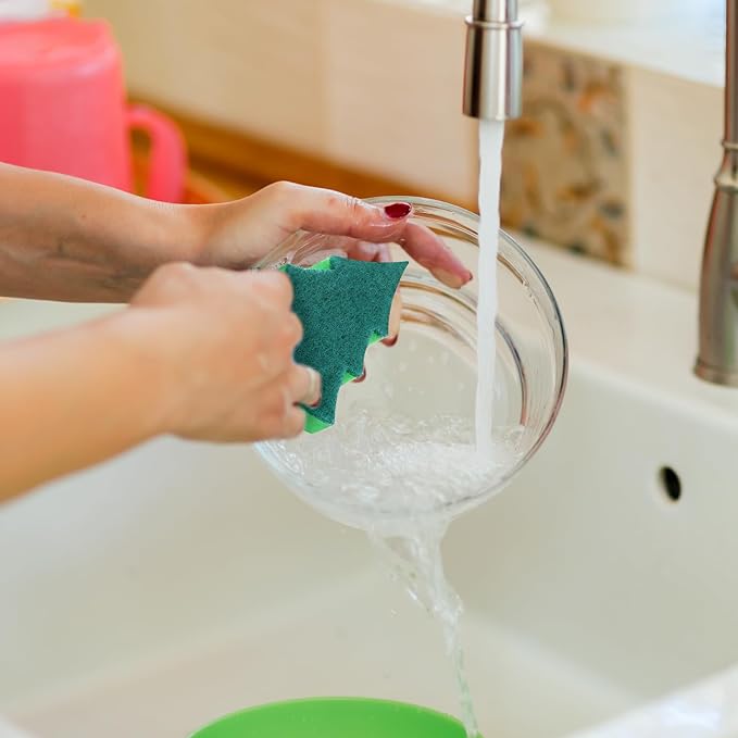 Tioncy 12 Pack Christmas Tree Kitchen Sponges Bulk Dual Sided Scrubber Sponges Dishwashing Non Scratch for Kitchen Accessories Dish Scouring, Green